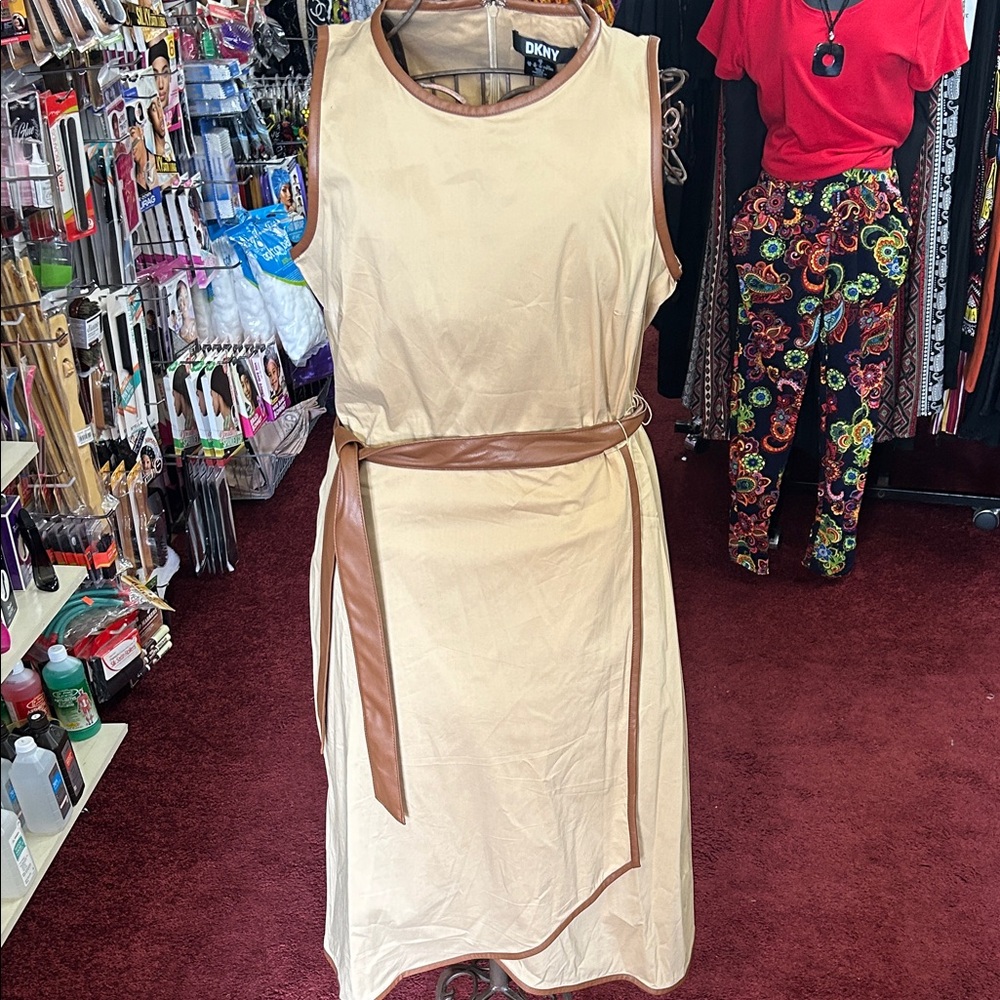 DKNY Tan Midi Dress with Brown Accents